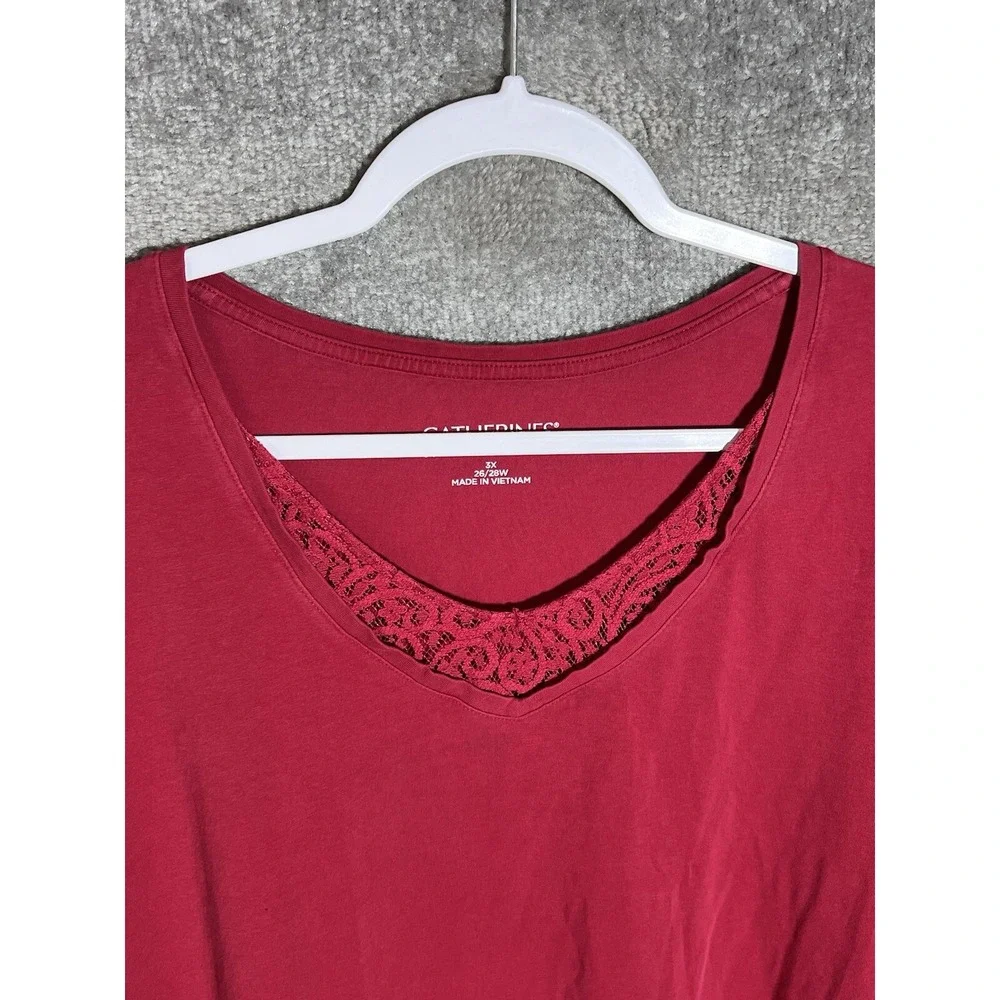 Catherines Top Womens Size 3X 26/28W Red Lace V-Neck Short Sleeve Stretch Shirt